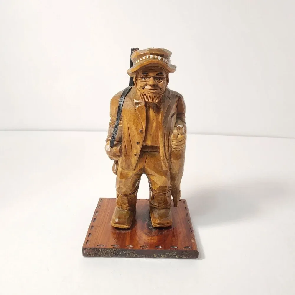 Vintage 1970's Hand Carved Wooden Hunter With Pheasant 12'' Figurine MCM